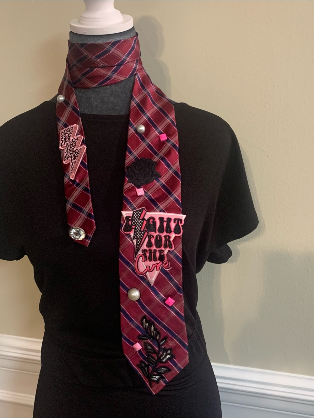Statement Upcycled Breast Cancer Awareness Junk Tie Necklace Custom Made